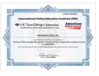 NAGARAJ BALLAL
30-Hour OSHA Hazard Recognition Training for the Construction Industry Course
on 5/20/2014
UCSD-7007842
 