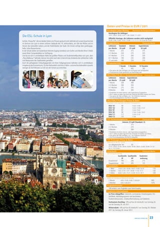 Daten und Preise in EUR / 2011
                                                                                                          Kursbeginn jeden Montag                    Elementar bis Fortgeschrittene
                                                                                                           Kursbeginn für Anfänger:
Die ESL-Schule in Lyon                                                                                      10.01 / 28.02 / 30.05 / 4.07 / 1.08 / 29.08 / 7.11.2011
                                                                                                            Offizielle Feiertage, die Lektionen werden nicht nachgeholt
                                                                                                            25.04 / 2.06 / 13.06 / 14.07 / 15.08 / 1.11 / 11.11 / 19.12 bis 30.12.2011
Auf der „Presqu’île”, die von beiden Seiten von Flüssen gesäumt wird, befindet sich unsere Sprachschule
im Zentrum von Lyon in einem schönen Gebäude des 19. Jahrhunderts, am Ufer der Rhône und im               Gruppenkurse                                                Preise pro Woche
Herzen des kulturellen Lebens und der Festlichkeiten der Stadt. Die Schule verfügt über großzügige,        Lektionen    Standard               Intensiv        Superintensiv
helle, hohe Klassenräume.                                                                                  pro Woche 20 LpW                    25 LpW            30 LpW
In der Schule stehen ein kostenloser Internet-Zugang (wireless) zum Surfen und Abrufen Ihrer E-Mails       1 Woche         255                   315               375
sowie feste Computerplätze zur Verfügung.                                                                  2-3 Wochen      220                   275               335
Und da sie sich in unmittelbarer Nähe des größten Platzes und Studententreffpunktes von Lyon, dem          4-7 Wochen      210                   260               320
„Place Bellecour“ befindet, können Sie sofort nach dem Unterricht das Ambiente der zahlreichen Cafés       8-11 Wochen     190                   235               290
und Restaurants des Stadtviertels genießen.                                                                12 und mehr     180                   220               270
Auch die gefragtesten Einkaufsgegenden mit ihren Fußgängerzonen befinden sich in unmittelbarer            Privatunterricht
Umgebung des Kurszentrums. Für den Nahverkehr sind eine U-Bahn- und eine Bushaltestelle in jeweils                      1 Stunde             5 Stunden          10 Stunden
weniger als fünf Minuten zu Fuß von der Schule aus erreichbar.                                                             85                   405                 785
                                                                                                            • Das ganze Jahr über verfügbar, Juli und August nach Verfügbarkeit
                                                                                                            • Privatunterricht findet gewöhnlich am Nachmittag statt
                                                                                                          DELF/DALF B1-B2-C1 Vorbereitungskurse                          Preise pro Woche

                                                                                                           Lektionen  Intensiv Superintensiv
                                                                                                           pro Woche 25 LpW      30 LpW
                                                                                                           1 Woche      330        390
                                                                                                           2-3 Wochen   290        350
                                                                                                           4-7 Wochen   275        335
                                                                                                           8 Wochen     250        305
                                                                                                            • Kombiniert mit einem Intensiv- oder Superintensiv-Gruppenkurs.
                                                                                                            • Die 5. Lektion an jedem Tag nimmt den Inhalt des DELF/DALF-Examen zum Thema.
                                                                                                            • Das ganze Jahr über verfügbar, von 1 bis 8 Wochen maximum.
                                                                                                            • Die Einschreibegebühren sind NICHT inbegriffen.
                                                                                                          DELF/DALF Prüfungen Preise & Daten
                                                                                                          Organisiert in den regionalen DELF/DALF Prüfungszentren
                                                                                                           DELF A1        60            15.03 / 14.06
                                                                                                           DELF A2        60            15.03 / 14.06 / 21.07
                                                                                                           DELF B1        87            12.04 / 19.07
                                                                                                           DELF B2        90            11.04 / 15.06 / 19.07
                                                                                                           DALF C1       117            12.04 / 21.07
                                                                                                           DALF C2       125            11.04
                                                                                                          TCF Vorbereitungskurse                         Preise pro Woche
                                                                                                                           Intensiv 25 LpW (Standard+5)
                                                                                                           1 Woche                    315
                                                                                                           2-3 Wochen                 275
                                                                                                           4 Wochen                   260
                                                                                                            • Kombiniert mit einem Intensiv- oder Superintensiv-Gruppenkurs.
                                                                                                            • Die 5. Lektion an jedem Tag nimmt den Inhalt des TCF-Examen zum Thema.
                                                                                                            • Das ganze Jahr über verfügbar, von 1 bis 4 Wochen maximum.
                                                                                                            • Die Einschreibegebühren sind NICHT inbegriffen.
                                                                                                          TCF Prüfungen Preise & Daten
                                                                                                          Organisiert an der ESL - Schule
                                                                                                            nur obligatorischer Teil:              65
                                                                                                            27.01 / 24.02 / 31.03 / 28.04 / 26.05 / 30.06 / 28.07 / 25.08 / 29.09 / 27.10 /
                                                                                                            24.11 / 15.12.2011
                                                                                                          Unterkunft                                                  Preise pro Woche
                                                                                                          Von Sonntag bis Samstag
                                                                                                                         Gastfamilie Gastfamilie             Studenten-
                                                                                                                              ZF                HP             wohnung
                                                                                                            Einzelzimmer     195               240                 215
                                                                                                            Doppelzimmer 160                   205                 155
                                                                                                          Französisch+                                   mindestens 4 Teilnehmer
                                                                                                            + Wein       14.03 / 2.05 / 20.06 / 18.07 / 19.09 / 24.10        110
                                                                                                            + Kochen 7.03 / 23.05 / 4.07 / 29.08 / 17.10 / 14.11             130
                                                                                                            + Kultur     28.02 / 6.06 / 25.07 / 22.08 / 10.10 / 28.11        120
                                                                                                          50+
                                                                                                          Anreise am Sonntag und Abreise am Samstag
                                                                                                            1 Woche            8.05 / 15.05 / 4.09 / 11.09.2011                      695
                                                                                                            2 Wochen           8.05 / 4.09.2011                                     1375
                                                                                                          Flughafentransfer
                                                                                                            100 einfach, vom Flughafen Lyon Saint-Exupéry
                                                                                                          Zusätzlich Informationen
                                                                                                            Im Preis inbegriffen: Unterricht, Lernmaterial, Einstufungstest, ESL -
                                                                                                            Zertifikate, Aktivitätsprogramm wie beschrieben,
                                                                                                            Studierendenausweis, Unterkunftseinweisung und Gebühren.
                                                                                                            Hochsaison-Zuschlag: 10% auf Kurs & Unterkunft / von Sonntag 26.
                                                                                                            Juni bis Samstag 30. Juli 2011.
                                                                                                            Winterrabatt: 10% auf Kurs & Unterkunft / von Sonntag 30. Oktober
                                                                                                            2011 bis Samstag 28. Januar 2012



                                                                                                                                                        www.esl-schools.org       23
 