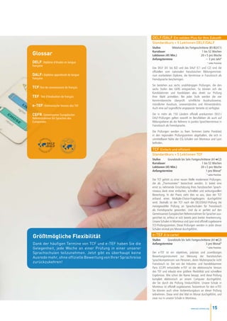 DeLf/DALf ein solides Plus für ihre Zukunft
                                                                Standardkurs + 5 Lektionen DeLf/DALf
                                                                Stufen         Mittelstufe bis Fortgeschrittene (B1/B2/C1)

Glossar                                                         Kursdauer
                                                                Lektionen (45 Min.)
                                                                                                         1 bis 52 Wochen
                                                                                                        20+5 pro Woche
                                                                Anfangstermine                               ~ 3 pro Jahr*
DELF: Diplôme d’études en langue                                                                                     * siehe Preisliste
française
                                                                Das DELF (A1 bis B2) und das DALF (C1 und C2) sind die
                                                                offiziellen vom nationalen französischen Bildungsministe-
DALF: Diplôme approfondi de langue                              rium erarbeiteten Diplome, die Kenntnisse in Französisch als
française                                                       Fremdsprache bescheinigen.
                                                                Sie bestehen aus sechs unabhängigen Prüfungen, die den
TCF:Test de connaissance de français                            sechs Stufen des GERS entsprechen. So können sich die
                                                                Kandidatinnen und Kandidaten also direkt zur Prüfung
TEF: Test d’évaluation de français                              Ihrer Wahl anmelden. Bei jeder Stufe werden die vier
                                                                Kenntnisbereiche überprüft: schriftliche Ausdrucksweise,
e-TEF: Elektronische Version des TEF                            mündlicher Ausdruck, Leseverständnis und Hörverständnis.
                                                                Auch eine auf Jugendliche angepasste Variante ist verfügbar.

CEFR: Gemeinsamer Europäischer                                  Die in mehr als 150 Ländern offiziell anerkannten DELF-/
Referenzrahmen für Sprachen des                                 DALF-Prüfungen gelten sowohl im Berufsleben als auch auf
Europarates                                                     Bildungsebene als die Referenz in punkto Sprachkenntnisse in
                                                                Französisch als Fremdsprache.
                                                                Die Prüfungen werden zu fixen Terminen (siehe Preisliste)
                                                                in den regionalen Prüfungszentren abgehalten, die sich in
                                                                unmittelbarer Nähe der ESL-Schulen von Montreux und Lyon
                                                                befinden.

                                                                tcf einfach und effizient
                                                                Standardkurs + 5 Lektionen tcf
                                                                Stufen      Grundstufe bis Sehr Fortgeschrittene (A1➜C2)
                                                                Kursdauer                                1 bis 52 Wochen
                                                                Lektionen (45 Min.)                     20+5 pro Woche
                                                                Anfangstermine                               1 pro Monat*
                                                                                                                    * siehe Preisliste

                                                                Der TCF gehört zu einer neuen Welle modernerer Prüfungen,
                                                                die als „Thermometer“ bezeichnet werden. Er bietet eine
                                                                ernst zu nehmende Einschätzung Ihres französischen Sprach-
                                                                niveaus dank einer einfachen, schnellen und wirkungsvollen
                                                                Bewertung. In der Praxis sieht dies so aus, dass der TCF
                                                                anhand eines Multiple-Choice-Fragebogens durchgeführt
                                                                wird. Deshalb ist der TCF nach der DELF/DALF-Prüfung die
                                                                meistgewählte Prüfung an Sprachschulen für Französisch
                                                                als Fremdsprache geworden. Und da er perfekt auf den
                                                                Gemeinsamen Europäischen Referenzrahmen für Sprachen aus-
                                                                gerichtet ist, erfreut er sich bereits jetzt breiter Anerkennung.
                                                                Unsere Schulen in Montreux und Lyon sind offiziell zugelassene
                                                                TCF-Prüfungszentren. Diese Prüfungen werden in jeder dieser
                                                                Schulen einmal pro Monat durchgeführt.
                                                                e-tef À la carte!
Größtmögliche Flexibilität                                      Stufen     Grundstufe bis Sehr Fortgeschrittene (A1➜C2)
Dank der häufigen Termine von TCF und e-TEF haben Sie die       Anfangstermine                              3 pro Monat*
Gelegenheit, jede Woche an einer Prüfung in einer unserer                                                           * siehe Preisliste

Sprachschulen teilzunehmen. Jetzt gibt es überhaupt keine       Der e-TEF ist ein objektives, präzises und zuverlässiges
Ausrede mehr, ohne offizielle Bewertung von Ihrer Sprachreise   Bewertungsinstrument zur Messung der französischen
                                                                Sprachkompetenzen von Personen, deren Muttersprache nicht
zurückzukehren!                                                 Französisch ist. Der von der Industrie- und Handelskammer
                                                                Paris (CCIP) entwickelte e-TEF ist die elektronische Version
                                                                des TEF und erlaubt eine größere Flexibilität und schnellere
                                                                Ergebnisse. Wie schon der Name besagt, wird diese Prüfung
                                                                komplett elektronisch an einem Computer durchgeführt,
                                                                der Sie durch die Prüfung hindurchführt. Unsere Schule in
                                                                Montreux ist offiziell zugelassenes Testzentrum für den e-TEF.
                                                                Sie können auch ohne Vorbereitungskurs an dieser Prüfung
                                                                teilnehmen. Diese wird drei Mal im Monat durchgeführt, und
                                                                zwar nur in unserer Schule in Montreux.


                                                                                                    www.esl-schools.org    15
 