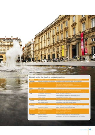 Einige Events, die Sie nicht verpassen sollten
Januar      Salon Sirha & Bocuse d’Or           Internationle Gastronomieausstellung und Wettkampf
FEbruar     Salon du Bricolage et des Inventions Unglaublich, die verrücktesten Ideen und Erfindungen
März        Festival quai du Polar               für Krimiliebhaber, wahrheitsgetreue Untersuchung
                                                 über mehrere Tage in verschiedenen
                                                 Quartieren von Lyon-Marionetten-Aufführungen und
                                                 Theaterszenen in der Stadt
april       April Harvest
Mai         Les Nuits Sonores                   Eines von Europas grössten Electronic-Musikfestivals
            Nacht der Museen                    Museumsbesuche bei Nacht zu reduzierten Preisen (oder gratis)
Juni        Les Invités de Villeurbanne         Musik- und Schauspiel-Festival
            Les Intranquilles                   Dialog zwischen Literatur und darstellender Kunst
            Y Salsa Festival                    Musikfestival Latino, Tanz, usw.
Juli        Le Fooding d’été                    Riesiges Picknick mit 5 grossen französischen Köchen
auguSt      Nuits de Fourvière                  Openair Festival im alten römischen Amphietheater
            Tout l’monde dehors                 Sommerfeste unter freiem Himmel (gratis)
SEptEMbEr   Biennale de Lyon                    Biennale der zeitgenössischen Kunst
OktObEr     La vogue aux marrons                Jahrmarkt: Gross und Klein geniessen heisse Maroni und Zuckerwatte
            Grand Prix de Tennis                Treffen der besten Tennisspieler der Welt
nOvEMbEr    Sortie du “Beaujolais Nouveau”      Dritter Donnerstag im November
            Riddim Collision                    Festival “electro, dub & hip-hop”
            BMX pro Indoor                      BMX Meisterschaft
DEzEMbEr    Fête des Lumières                   Lichtfestival, das tausende von Besuchern anzieht
            Outdoor ice skating                 Kunsteisbahn auf dem Platz Bellecour am Fusse von Fourvière
            Weihnachtsmarkt




                                                                                                    www.esl-schools.org   25
 