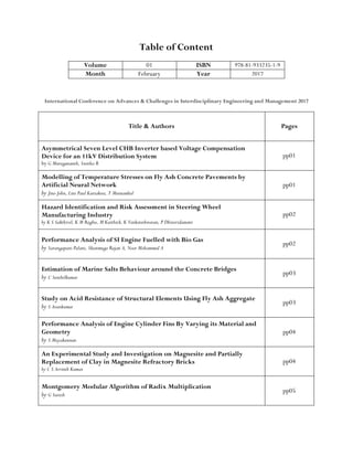 Table of Content
Volume 01 ISBN 978-81-933235-1-9
Month February Year 2017
International Conference on Advances & Challenges in Interdisciplinary Engineering and Management 2017
Title & Authors Pages
Asymmetrical Seven Level CHB Inverter based Voltage Compensation
Device for an 11kV Distribution System
by G Murugananth, Swetha R
pp01
Modelling of Temperature Stresses on Fly Ash Concrete Pavements by
Artificial Neural Network
by Jino John, Lins Paul Kuriakose, T Meenambal
pp01
Hazard Identification and Risk Assessment in Steering Wheel
Manufacturing Industry
by K S Sakthivel, K M Raghu, M Karthick, K Venkateshwaran, P Dhiravidamani
pp02
Performance Analysis of SI Engine Fuelled with Bio Gas
by Sarangapani Palani, Shanmuga Rajan A, Noor Mohammed A
pp02
Estimation of Marine Salts Behaviour around the Concrete Bridges
by C Senthilkumar
pp03
Study on Acid Resistance of Structural Elements Using Fly Ash Aggregate
by S Arunkumar
pp03
Performance Analysis of Engine Cylinder Fins By Varying its Material and
Geometry
by S Mayakannan
pp04
An Experimental Study and Investigation on Magnesite and Partially
Replacement of Clay in Magnesite Refractory Bricks
by C S Arvinth Kumar
pp04
Montgomery Modular Algorithm of Radix Multiplication
by G Suresh
pp05
 