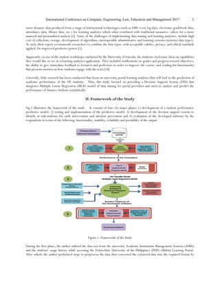 International Conference on Computer, Engineering, Law, Education and Management 2017 2
more dynamic data produced from a range of instructional technologies (such as LMS event log data, electronic gradebook data,
attendance data, library data, etc.) for learning analytics which when combined with traditional measures—allow for a more
nuanced and personalized analysis [5]. Some of the challenges of implementing data mining and learning analytics, include high
cost of collection, storage, development of algorithms, interoperable administrative and learning systems (systems/data types).
As such, their report recommends researchers to combine the data types, with acceptable validity, privacy, and ethical standards
applied, for improved predictive power [1].
Apparently, in one of the student workshops conducted by the University of Lincoln, the students cited some ideas on capabilities
they would like to see in a learning analytics application. They included notifications on grades and progress toward objectives;
the ability to give immediate feedback to lecturers and professors in order to improve the course; and reading list functionality
that presents metrics on how students engage with the texts [10].
Currently, little research has been conducted that focus on university portal learning analytics that will lead to the prediction of
academic performance of the DE students. Thus, this study focused on providing a Decision Support System (DSS) that
integrates Multiple Linear Regression (MLR) model of data mining for portal providers and users to analyze and predict the
performance of distance students scientifically.
II. Framework of the Study
Fig.1 illustrates the framework of the study. It consists of four (4) major phases 1) development of a student performance
predictive model. 2) testing and implementation of the predictive model, 3) development of the decision support system to
identify at risk-students for early intervention and attrition prevention and 4) evaluation of the developed software by the
respondents in terms of the following: functionality, usability, reliability and portability of the output.
Data
Preprocessing
(Feature Selection
Techniques:
CH,IG,GR)
Data Mining
Techniques
(RepTree, CART,
J48 and MLR )
University
portal
Student
Performance
Prediction Model
1
J48 Decision Tree
Algorithm
And Multiple
Linear
Regression
2
Test &
Implement the
Predictive Model
Performance of the Classifiers
School
Administrator’s
Appropriate
Intervention
Predictors to Student
Online
Performance
StudentPerformance
(VariableResponse)
Decision Support
System Concept
Learning
Analytics
Decision Support
Sytem
Improved Student
Scholastic
Performance
J48 Classifier Model
Multipile Linear Regression Model
Extracted
Data
Prepare Data to
Discover Knowledge
Model
Database
3
ISO/IEC 9126-
based Quality
Model for
Software
Evaluation
Statistical Test of
Data (Percentage,
WM, Ranking
Method)
Evaluate
software by the
Respondents
Evaluated software
4
System Features of
the developed software
Figure 1. Framework of the Study
During the first phase, the author utilized the data sets from the university Academic Institutions Management Systems (AIMS)
and the students’ usage history while accessing the Polytechnic University of the Philippines (PUP) eMabini Learning Portal.
After which, the author performed steps to preprocess the data then converted the extracted data into the required format by
 