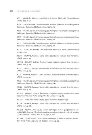 Hiperleitura e escrileitura250
XXI  MANGUEL, Alberto. Uma história de leitura. São Paulo: Companhia das
Letras, 1997, p. 58.
XXII  OLSON, David R. O mundo no papel. As implicações conceituais e cognitivas
da leitura e da escrita. São Paulo: Ática, 1997, p. 13.
XXIII  OLSON, David R. O mundo no papel. As implicações conceituais e cognitivas
da leitura e da escrita. São Paulo: Ática, 1997, p. 10.
XXIV  OLSON, David R. O mundo no papel. As implicações conceituais e cognitivas
da leitura e da escrita. São Paulo: Ática, 1997, p. 12.
XXV  OLSON, David R. O mundo no papel. As implicações conceituais e cognitivas
da leitura e da escrita. São Paulo: Ática, 1997, p. 12.
XXVI  MANGUEL, Alberto. Uma história de leitura. São Paulo: Companhia das
Letras, 2004.
XXVII  DUARTE, Rodrigo. Teoria crítica da indústria cultural. Belo Horizonte:
UFMG, 2001, p. 23.
XXVIII  DUARTE, Rodrigo. Teoria crítica da indústria cultural. Belo Horizonte:
UFMG, 2001, p. 24.
XXIX  DUARTE, Rodrigo. Teoria crítica da indústria cultural. Belo Horizonte:
UFMG, 2001, p. 25.
XXX  DUARTE, Rodrigo. Teoria crítica da indústria cultural. Belo Horizonte:
UFMG, 2001, p. 27.
XXXI  OLSON, David R. O mundo no papel. As implicações conceituais e cognitivas
da leitura e da escrita. São Paulo: Ática, 1997, p. 145.
XXXII  DUARTE, Rodrigo. Teoria crítica da indústria cultural. Belo Horizonte:
UFMG, 2001, p. 29.
XXXIII  MANGUEL, Alberto. À mesa com o chapeleiro maluco: ensaios sobre corvos
e escrivaninhas. São Paulo: Companhia das Letras, 2009, p. 83.
XXXIV  Jornal Zero-Hora, sábado, 04 de dezembro de 2010. P. 30.
XXXV  DUARTE, Rodrigo. Teoria crítica da indústria cultural. Belo Horizonte:
UFMG, 2001, p. 7,8.
XXXVI  PELISOLI, Ana Cláudia Munari Domingos. “Coisas que penso que sei”.
In: COENGA, Rosemar (Org.). Leitura e Literatura Infanto-juvenil: redes de sentido.
Cuiabá: Carlini e Caniato, 2010, p. 285-290, p. 286.
XXXVII  PELISOLI, Ana Cláudia Munari Domingos. O poder de uma boa história.
Zero-Hora, Porto Alegre, 23 set. de 2010, Artigos, p. 23.
 