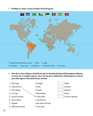 1.	 Identifique no mapa os países de língua oficial portuguesa.
1. Portugal Continental, Madeira e Açores   2. Brasil   3. Angola
4. Moçambique   5. 	Cabo Verde   6. Guiné-Bissau   7. São Tomé e Príncipe   8. Timor-Leste
2.	 Estes são os nomes de figuras conhecidas de cada um dos países de língua oficial portuguesa. Relacione
os nomes com os respetivos países e com a área em que se celebrizaram. Pode pesquisar na internet
para obter algumas informações de que necessite.
  1.	 Mia Couto	 • Portugal	   Política
  2.	 Cesária Évora	 • Brasil	   Literatura
  3.	 Sónia Braga	 • Angola	   Desporto
  4.	 Luís Figo	 • Moçambique	   Música
  5.	 Xanana Gusmão	 • Cabo Verde	   Cinema e televisão
  6.	 Vasco Cabral	 • Guiné-Bissau
  7.	 Pepetela	 • São Tomé e Príncipe
  8.	 Alda Espírito Santo	 • Timor-Leste
12
 