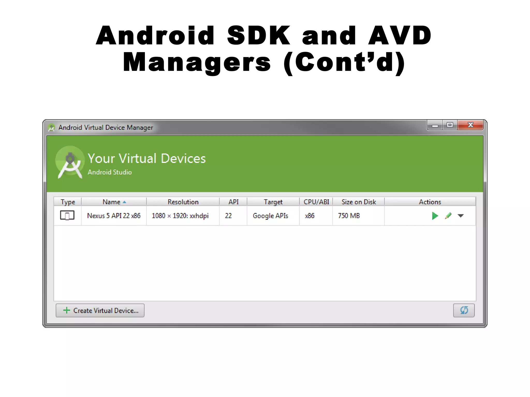 Android SDK and AVD
Managers (Cont’d)
 