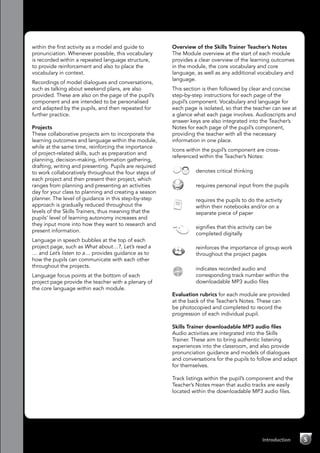 within the first activity as a model and guide to
pronunciation. Whenever possible, this vocabulary
is recorded within a repeated language structure,
to provide reinforcement and also to place the
vocabulary in context.
Recordings of model dialogues and conversations,
such as talking about weekend plans, are also
provided. These are also on the page of the pupil’s
component and are intended to be personalised
and adapted by the pupils, and then repeated for
further practice.
Projects
These collaborative projects aim to incorporate the
learning outcomes and language within the module,
while at the same time, reinforcing the importance
of project-related skills, such as preparation and
planning, decision-making, information gathering,
drafting, writing and presenting. Pupils are required
to work collaboratively throughout the four steps of
each project and then present their project, which
ranges from planning and presenting an activities
day for your class to planning and creating a season
planner. The level of guidance in this step-by-step
approach is gradually reduced throughout the
levels of the Skills Trainers, thus meaning that the
pupils’ level of learning autonomy increases and
they input more into how they want to research and
present information.
Language in speech bubbles at the top of each
project page, such as What about…?, Let’s read a
… and Let’s listen to a… provides guidance as to
how the pupils can communicate with each other
throughout the projects.
Language focus points at the bottom of each
project page provide the teacher with a plenary of
the core language within each module.
Overview of the Skills Trainer Teacher’s Notes
The Module overview at the start of each module
provides a clear overview of the learning outcomes
in the module, the core vocabulary and core
language, as well as any additional vocabulary and
language.
This section is then followed by clear and concise
step-by-step instructions for each page of the
pupil’s component. Vocabulary and language for
each page is isolated, so that the teacher can see at
a glance what each page involves. Audioscripts and
answer keys are also integrated into the Teacher’s
Notes for each page of the pupil’s component,
providing the teacher with all the necessary
information in one place.
Icons within the pupil’s component are cross-
referenced within the Teacher’s Notes:
	 denotes critical thinking
	 requires personal input from the pupils
	 requires the pupils to do the activity
within their notebooks and/or on a
separate piece of paper
	 signifies that this activity can be
completed digitally
	 reinforces the importance of group work
throughout the project pages
CD
2
	 indicates recorded audio and
corresponding track number within the
downloadable MP3 audio files
Evaluation rubrics for each module are provided
at the back of the Teacher’s Notes. These can
be photocopied and completed to record the
progression of each individual pupil.
Skills Trainer downloadable MP3 audio files
Audio activities are integrated into the Skills
Trainer. These aim to bring authentic listening
experiences into the classroom, and also provide
pronunciation guidance and models of dialogues
and conversations for the pupils to follow and adapt
for themselves.
Track listings within the pupil’s component and the
Teacher’s Notes mean that audio tracks are easily
located within the downloadable MP3 audio files.
Introduction 5
 