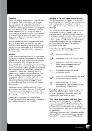 Introduction 5
Speaking
These pages begin with equipping the pupils with
the language they need to do the task through
the reinforcement of vocabulary that has either
been presented previously within the module or is
additional vocabulary relevant to the speaking task.
An audio recording of this vocabulary is provided
within the first activity as a model and guide to
pronunciation. Whenever possible, this vocabulary
is recorded within a repeated language structure,
to provide reinforcement and also to place the
vocabulary in context.
Recordings of model dialogues and conversations,
such as ordering food in a restaurant, are also
provided. These are also on the page of the pupil’s
component and are intended to be personalised
and adapted by the pupils, and then repeated for
further practice.
Projects
These collaborative projects aim to incorporate the
learning outcomes and language within the module,
while at the same time, reinforcing the importance
of project-related skills, such as preparation and
planning, decision-making, information gathering,
drafting, writing and presenting. Pupils are required
to work collaboratively throughout the four steps of
each project and then present their project, which
ranges from creating and presenting avatars to
designing and presenting a tourist brochure. The
level of guidance in this step-by-step approach
is gradually reduced throughout the levels of the
Skills Trainers, thus meaning that the pupils’ level
of learning autonomy increases and they input
more into how they want to research and present
information.
Language in speech bubbles at the top of each
project page, such as Why don’t we…?, Let’s… and
How about…? provides guidance as to how the
pupils can communicate with each other throughout
the projects.
Language focus points at the bottom of each
project page provide the teacher with a plenary of
the core language within each module.
Overview of the Skills Trainer Teacher’s Notes
The Module overview at the start of each module
provides a clear overview of the learning outcomes
in the module, the core vocabulary and core
language, as well as any additional vocabulary and
language.
This section is then followed by clear and concise
step-by-step instructions for each page of the
pupil’s component. Vocabulary and language for
each page is isolated, so that the teacher can see at
a glance what each page involves. Audioscripts and
answer keys are also integrated into the Teacher’s
Notes for each page of the pupil’s component,
providing the teacher with all the necessary
information in one place.
Icons within the pupil’s component are cross-
referenced within the Teacher’s Notes:
	 denotes critical thinking
	 requires personal input from the pupils
	 requires the pupils to do the activity
within their notebooks and/or on a
separate piece of paper
	 signifies that this activity can be
completed digitally
	 reinforces the importance of group work
throughout the project pages
CD
2
	 indicates recorded audio and
corresponding track number within the
downloadable MP3 audio files
Evaluation rubrics for each module are provided
at the back of the Teacher’s Notes. These can
be photocopied and completed to record the
progression of each individual pupil.
Skills Trainer downloadable MP3 audio files
Audio activities are integrated into the Skills
Trainer. These aim to bring authentic listening
experiences into the classroom, and also provide
pronunciation guidance and models of dialogues
and conversations for the pupils to follow and adapt
for themselves.
Track listings within the pupil’s component and the
Teacher’s Notes mean that audio tracks are easily
located within the downloadable MP3 audio files.
 