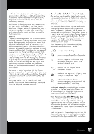 Introduction 5
within the first activity as a model and guide to
pronunciation. Whenever possible, this vocabulary
is recorded within a repeated language structure,
to provide reinforcement and also to place the
vocabulary in context.
Recordings of model dialogues and conversations,
such as doing a healthy living interview, are also
provided. These are also on the page of the pupil’s
component and are intended to be personalised
and adapted by the pupils, and then repeated for
further practice.
Projects
These collaborative projects aim to incorporate the
learning outcomes and language within the module,
while at the same time, reinforcing the importance
of project-related skills, such as preparation and
planning, decision-making, information gathering,
drafting, writing and presenting. Pupils are required
to work collaboratively throughout the four steps of
each project and then present their project, which
ranges from creating and presenting a healthy living
campaign to planning and presenting a city tour.
The level of guidance in this step-by-step approach
is gradually reduced throughout the levels of the
Skills Trainers, thus meaning that the pupils’ level
of learning autonomy increases and they input
more into how they want to research and present
information.
Language in speech bubbles at the top of each
project page, such as I’m going to…, You can… and
There’s a…. provides guidance as to how the pupils
can communicate with each other throughout the
projects.
Language focus points at the bottom of each
project page provide the teacher with a plenary of
the core language within each module.
Overview of the Skills Trainer Teacher’s Notes
The Module overview at the start of each module
provides a clear overview of the learning outcomes
in the module, the core vocabulary and core
language, as well as any additional vocabulary and
language.
This section is then followed by clear and concise
step-by-step instructions for each page of the
pupil’s component. Vocabulary and language for
each page is isolated, so that the teacher can see at
a glance what each page involves. Audioscripts and
answer keys are also integrated into the Teacher’s
Notes for each page of the pupil’s component,
providing the teacher with all the necessary
information in one place.
Icons within the pupil’s component are cross-
referenced within the Teacher’s Notes:
	 denotes critical thinking
	 requires personal input from the pupils
	 requires the pupils to do the activity
within their notebooks and/or on a
separate piece of paper
	 signifies that this activity can be
completed digitally
	 reinforces the importance of group work
throughout the project pages
CD
2
	 indicates recorded audio and
corresponding track number within the
downloadable MP3 audio files
Evaluation rubrics for each module are provided
at the back of the Teacher’s Notes. These can
be photocopied and completed to record the
progression of each individual pupil.
Skills Trainer downloadable MP3 audio files
Audio activities are integrated into the Skills
Trainer. These aim to bring authentic listening
experiences into the classroom, and also provide
pronunciation guidance and models of dialogues
and conversations for the pupils to follow and adapt
for themselves.
Track listings within the pupil’s component and the
Teacher’s Notes mean that audio tracks are easily
located within the downloadable MP3 audio files.
 