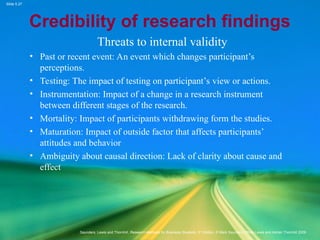 Slide 5.27
Saunders, Lewis and Thornhill, Research Methods for Business Students, 5th
Edition, © Mark Saunders, Philip Lewis and Adrian Thornhill 2009
Credibility of research findings
Threats to internal validity
• Past or recent event: An event which changes participant’s
perceptions.
• Testing: The impact of testing on participant’s view or actions.
• Instrumentation: Impact of a change in a research instrument
between different stages of the research.
• Mortality: Impact of participants withdrawing form the studies.
• Maturation: Impact of outside factor that affects participants’
attitudes and behavior
• Ambiguity about causal direction: Lack of clarity about cause and
effect
 