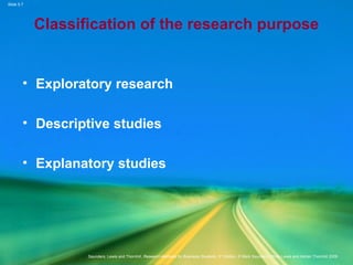 Slide 5.7
Saunders, Lewis and Thornhill, Research Methods for Business Students, 5th
Edition, © Mark Saunders, Philip Lewis and Adrian Thornhill 2009
Classification of the research purpose
• Exploratory research
• Descriptive studies
• Explanatory studies
 