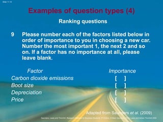 Slide 11.14
Saunders, Lewis and Thornhill, Research Methods for Business Students, 5th Edition, © Mark Saunders, Philip Lewis and Adrian Thornhill 2009
Examples of question types (4)
Ranking questions
9 Please number each of the factors listed below in
order of importance to you in choosing a new car.
Number the most important 1, the next 2 and so
on. If a factor has no importance at all, please
leave blank.
Factor Importance
Carbon dioxide emissions [ ]
Boot size [ ]
Depreciation [ ]
Price [ ]
Adapted from Saunders et al. (2009)
 