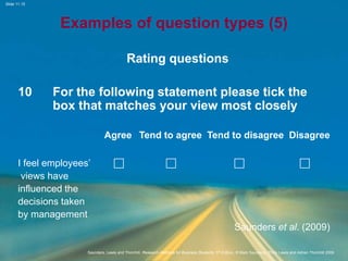 Slide 11.15
Saunders, Lewis and Thornhill, Research Methods for Business Students, 5th Edition, © Mark Saunders, Philip Lewis and Adrian Thornhill 2009
Examples of question types (5)
Rating questions
10 For the following statement please tick the
box that matches your view most closely
Agree Tend to agree Tend to disagree Disagree
I feel employees’    
views have
influenced the
decisions taken
by management
Saunders et al. (2009)
 