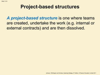 Slide 13.18
Johnson, Whittington and Scholes, Exploring Strategy, 9th
Edition, © Pearson Education Limited 2011
Project-based structures
A project-based structure is one where teams
are created, undertake the work (e.g. internal or
external contracts) and are then dissolved.
 