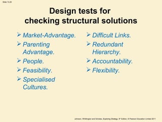 Slide 13.20
Johnson, Whittington and Scholes, Exploring Strategy, 9th
Edition, © Pearson Education Limited 2011
Design tests for
checking structural solutions
 Market-Advantage.
 Parenting
Advantage.
 People.
 Feasibility.
 Specialised
Cultures.
 Difficult Links.
 Redundant
Hierarchy.
 Accountability.
 Flexibility.
 