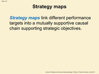 Slide 13.24
Johnson, Whittington and Scholes, Exploring Strategy, 9th
Edition, © Pearson Education Limited 2011
Strategy maps
Strategy maps link different performance
targets into a mutually supportive causal
chain supporting strategic objectives.
 