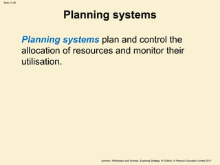 Slide 13.26
Johnson, Whittington and Scholes, Exploring Strategy, 9th
Edition, © Pearson Education Limited 2011
Planning systems
Planning systems plan and control the
allocation of resources and monitor their
utilisation.
 