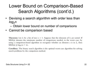 Data Structures Using C++ 2E 22
Lower Bound on Comparison-Based
Search Algorithms (cont’d.)
• Devising a search algorithm ...