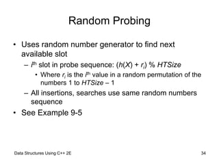 Data Structures Using C++ 2E 34
Random Probing
• Uses random number generator to find next
available slot
– ith slot in pr...