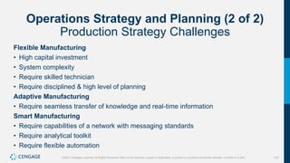137
©2021 Cengage Learning. All Rights Reserved. May not be scanned, copied or duplicated, or posted to a publicly accessible website, in whole or in part.
Operations Strategy and Planning (2 of 2)
Production Strategy Challenges
Flexible Manufacturing
• High capital investment
• System complexity
• Require skilled technician
• Require disciplined & high level of planning
Adaptive Manufacturing
• Require seamless transfer of knowledge and real-time information
Smart Manufacturing
• Require capabilities of a network with messaging standards
• Require analytical toolkit
• Require flexible automation
 