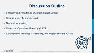 153
©2021 Cengage Learning. All Rights Reserved. May not be scanned, copied or duplicated, or posted to a publicly accessible website, in whole or in part.
Discussion Outline
• Essence and importance of demand management
• Balancing supply and demand
• Demand forecasting
• Sales and Operations Planning (S&OP)
• Collaborative Planning, Forecasting, and Replenishment (CPFR)
 