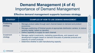 158
©2021 Cengage Learning. All Rights Reserved. May not be scanned, copied or duplicated, or posted to a publicly accessible website, in whole or in part.
Demand Management (4 of 4)
Importance of Demand Management
Effective demand management supports business strategy.
STRATEGY EXAMPLES OF HOW TO USE DEMAND MANAGEMENT
Positioning
strategy
• Manage product sales through each channel based on demand and product
economics.
• Manage positioning of finished goods at appropriate distribution centers, to reduce
working capital, based on demand.
• Define capability to supply for each channel.
Investment
strategy
• Manage capital investments, marketing expenditures, and research and
development budgets based on demand forecasts of potential products and
maturity of current products.
• Determine whether to add manufacturing capacity.
Source
Table
7.1:
Jim
R.
Langabeer
II,
“Aligning
Demand
Management
with
Human
Strategy,”
Supply
Chain
Management
Review
(May/June
2000):
58.
Copyright
©
2000
Reed
Business
Information,
a
division
of
Reed
Elsevier.
Reproduced
by
permission.
 