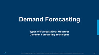 162
©2021 Cengage Learning. All Rights Reserved. May not be scanned, copied or duplicated, or posted to a publicly accessible website, in whole or in part.
Demand Forecasting
Types of Forecast Error Measures
Common Forecasting Techniques
 