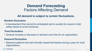 164
©2021 Cengage Learning. All Rights Reserved. May not be scanned, copied or duplicated, or posted to a publicly accessible website, in whole or in part.
Demand Forecasting
Factors Affecting Demand
All demand is subject to certain fluctuations.
Random fluctuation
• A development that cannot be anticipated and is usually the cause to hold
safety stocks to avoid stockouts.
Trend fluctuation
• Gradual increase or decrease in demand over time for an organization.
Seasonal fluctuation
• Seasonal patterns that will normally repeat themselves during a year for most
organizations.
 