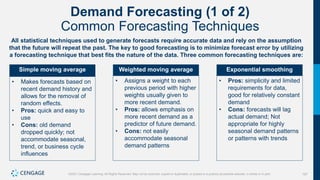 167
©2021 Cengage Learning. All Rights Reserved. May not be scanned, copied or duplicated, or posted to a publicly accessible website, in whole or in part.
Demand Forecasting (1 of 2)
Common Forecasting Techniques
All statistical techniques used to generate forecasts require accurate data and rely on the assumption
that the future will repeat the past. The key to good forecasting is to minimize forecast error by utilizing
a forecasting technique that best fits the nature of the data. Three common forecasting techniques are:
Simple moving average
• Makes forecasts based on
recent demand history and
allows for the removal of
random effects.
• Pros: quick and easy to
use
• Cons: old demand
dropped quickly; not
accommodate seasonal,
trend, or business cycle
influences
Weighted moving average
• Assigns a weight to each
previous period with higher
weights usually given to
more recent demand.
• Pros: allows emphasis on
more recent demand as a
predictor of future demand.
• Cons: not easily
accommodate seasonal
demand patterns
Exponential smoothing
• Pros: simplicity and limited
requirements for data,
good for relatively constant
demand
• Cons: forecasts will lag
actual demand; Not
appropriate for highly
seasonal demand patterns
or patterns with trends
 