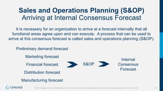 170
©2021 Cengage Learning. All Rights Reserved. May not be scanned, copied or duplicated, or posted to a publicly accessible website, in whole or in part.
Sales and Operations Planning (S&OP)
Arriving at Internal Consensus Forecast
It is necessary for an organization to arrive at a forecast internally that all
functional areas agree upon and can execute. A process that can be used to
arrive at this consensus forecast is called sales and operations planning (S&OP).
Preliminary demand forecast
Marketing forecast
Financial forecast
Distribution forecast
Manufacturing forecast
S&OP
Internal
Consensus
Forecast
 