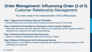182
©2021 Cengage Learning. All Rights Reserved. May not be scanned, copied or duplicated, or posted to a publicly accessible website, in whole or in part.
Order Management: Influencing Order (2 of 5)
Customer Relationship Management
Four basic steps in the implementation of the CRM process
Step 1: Segment the Customer Base by Profitability
• Use techniques such as activity-based costing and cost-to-serve (CTS) model
Step 2: Identify the Product/Service Package for Each Customer Segment
• Determine what each customer segment values in its relationship with the supplier based on
feedback from customers and sales representatives
Step 3: Develop and Execute the Best Processes
• Deliver on customer expectations determined and set in Step 2
Step 4: Measure Performance and Continuously Improve
• Determining if (1) the different customer segments are satisfied and (2) the supplier’s overall
profitability has improved.
 