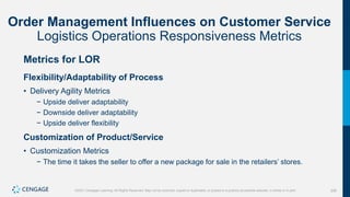 206
©2021 Cengage Learning. All Rights Reserved. May not be scanned, copied or duplicated, or posted to a publicly accessible website, in whole or in part.
Order Management Influences on Customer Service
Logistics Operations Responsiveness Metrics
Metrics for LOR
Flexibility/Adaptability of Process
• Delivery Agility Metrics
− Upside deliver adaptability
− Downside deliver adaptability
− Upside deliver flexibility
Customization of Product/Service
• Customization Metrics
− The time it takes the seller to offer a new package for sale in the retailers’ stores.
 