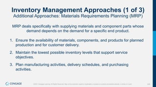 236
©2021 Cengage Learning. All Rights Reserved. May not be scanned, copied or duplicated, or posted to a publicly accessible website, in whole or in part.
Inventory Management Approaches (1 of 3)
Additional Approaches: Materials Requirements Planning (MRP)
MRP deals specifically with supplying materials and component parts whose
demand depends on the demand for a specific end product.
1. Ensure the availability of materials, components, and products for planned
production and for customer delivery.
2. Maintain the lowest possible inventory levels that support service
objectives.
3. Plan manufacturing activities, delivery schedules, and purchasing
activities.
 