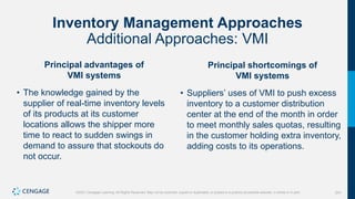 241
©2021 Cengage Learning. All Rights Reserved. May not be scanned, copied or duplicated, or posted to a publicly accessible website, in whole or in part.
Inventory Management Approaches
Additional Approaches: VMI
Principal advantages of
VMI systems
• The knowledge gained by the
supplier of real-time inventory levels
of its products at its customer
locations allows the shipper more
time to react to sudden swings in
demand to assure that stockouts do
not occur.
Principal shortcomings of
VMI systems
• Suppliers’ uses of VMI to push excess
inventory to a customer distribution
center at the end of the month in order
to meet monthly sales quotas, resulting
in the customer holding extra inventory,
adding costs to its operations.
 