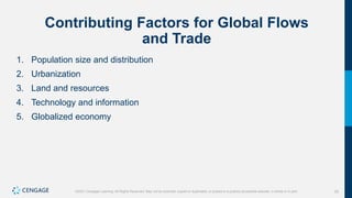 25
©2021 Cengage Learning. All Rights Reserved. May not be scanned, copied or duplicated, or posted to a publicly accessible website, in whole or in part.
Contributing Factors for Global Flows
and Trade
1. Population size and distribution
2. Urbanization
3. Land and resources
4. Technology and information
5. Globalized economy
 