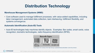 282
©2021 Cengage Learning. All Rights Reserved. May not be scanned, copied or duplicated, or posted to a publicly accessible website, in whole or in part.
Distribution Technology
Warehouse Management Systems (WMS)
• Core software used to manage fulfillment processes, with value-added capabilities, including
labor management, automated data collection, task interleaving, fulfillment flexibility, and
systems convergence.
Automatic Identification (Auto-ID) Tools
• Auto-ID technologies help machines identify objects. Examples: Bar codes, smart cards, voice
recognition, biometric technologies, radio-frequency identification (RFID).
Source Figure 10.9: Courtesy of GS1 https://www.gs1.org/standards/barcodes/databar. Used with permission.
 