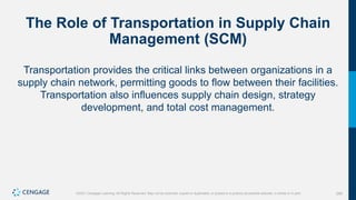 288
©2021 Cengage Learning. All Rights Reserved. May not be scanned, copied or duplicated, or posted to a publicly accessible website, in whole or in part.
The Role of Transportation in Supply Chain
Management (SCM)
Transportation provides the critical links between organizations in a
supply chain network, permitting goods to flow between their facilities.
Transportation also influences supply chain design, strategy
development, and total cost management.
 