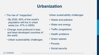 29
©2021 Cengage Learning. All Rights Reserved. May not be scanned, copied or duplicated, or posted to a publicly accessible website, in whole or in part.
Urbanization
• The rise of “megacities”
− By 2030, 60% of the world’s
population will live in urban
areas (vs. 47% in 2000)
• Change most profound in less
and least developed countries of
the world
− Urban sustainability challenges
Urban sustainability challenges
• Waste and pollution
• Water and energy
• Traffic congestions
• Health problems
• Green spaces
• Poverty
• Social security
 