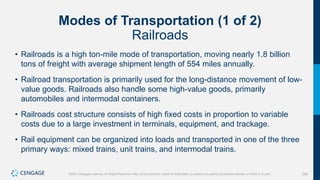 295
©2021 Cengage Learning. All Rights Reserved. May not be scanned, copied or duplicated, or posted to a publicly accessible website, in whole or in part.
Modes of Transportation (1 of 2)
Railroads
• Railroads is a high ton-mile mode of transportation, moving nearly 1.8 billion
tons of freight with average shipment length of 554 miles annually.
• Railroad transportation is primarily used for the long-distance movement of low-
value goods. Railroads also handle some high-value goods, primarily
automobiles and intermodal containers.
• Railroads cost structure consists of high fixed costs in proportion to variable
costs due to a large investment in terminals, equipment, and trackage.
• Rail equipment can be organized into loads and transported in one of the three
primary ways: mixed trains, unit trains, and intermodal trains.
 