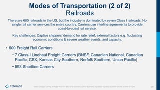 296
©2021 Cengage Learning. All Rights Reserved. May not be scanned, copied or duplicated, or posted to a publicly accessible website, in whole or in part.
Modes of Transportation (2 of 2)
Railroads
There are 600 railroads in the US, but the industry is dominated by seven Class I railroads. No
single rail carrier services the entire country. Carriers use interline agreements to provide
coast-to-coast rail service.
Key challenges: Captive shippers’ demand for rate relief, external factors e.g. fluctuating
economic conditions & severe weather events, and capacity.
• 600 Freight Rail Carriers
− 7 Class-I Linehaul Freight Carriers (BNSF, Canadian National, Canadian
Pacific, CSX, Kansas City Southern, Norfolk Southern, Union Pacific)
− 593 Shortline Carriers
 
