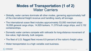 299
©2021 Cengage Learning. All Rights Reserved. May not be scanned, copied or duplicated, or posted to a publicly accessible website, in whole or in part.
Modes of Transportation (1 of 2)
Water Carriers
• Globally, water carriers dominate all other modes, garnering approximately half
of the international freight revenue and handling nearly all tonnage.
• The international ocean fleet includes approximately 53,000 merchant ships:
16,958 general cargo ships, 14,929 tankers, 11,379 bulk cargo ships, and 5,152
containerships.
• Domestic water carriers compete with railroads for long-distance movement of
low-value, high-density, bulk cargoes.
• The fleet of U.S. flagged fleet moves 6.9 percent of the nation’s freight value.
• Water transportation is a high variable cost business.
 