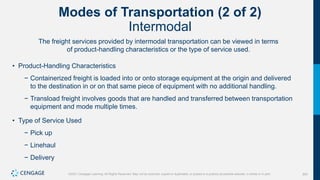 304
©2021 Cengage Learning. All Rights Reserved. May not be scanned, copied or duplicated, or posted to a publicly accessible website, in whole or in part.
Modes of Transportation (2 of 2)
Intermodal
The freight services provided by intermodal transportation can be viewed in terms
of product-handling characteristics or the type of service used.
• Product-Handling Characteristics
− Containerized freight is loaded into or onto storage equipment at the origin and delivered
to the destination in or on that same piece of equipment with no additional handling.
− Transload freight involves goods that are handled and transferred between transportation
equipment and mode multiple times.
• Type of Service Used
− Pick up
− Linehaul
− Delivery
 