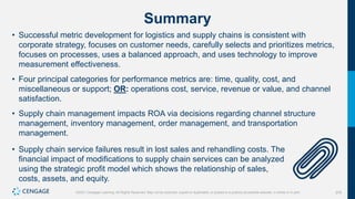 379
©2021 Cengage Learning. All Rights Reserved. May not be scanned, copied or duplicated, or posted to a publicly accessible website, in whole or in part.
Summary
• Successful metric development for logistics and supply chains is consistent with
corporate strategy, focuses on customer needs, carefully selects and prioritizes metrics,
focuses on processes, uses a balanced approach, and uses technology to improve
measurement effectiveness.
• Four principal categories for performance metrics are: time, quality, cost, and
miscellaneous or support; OR: operations cost, service, revenue or value, and channel
satisfaction.
• Supply chain management impacts ROA via decisions regarding channel structure
management, inventory management, order management, and transportation
management.
• Supply chain service failures result in lost sales and rehandling costs. The
financial impact of modifications to supply chain services can be analyzed
using the strategic profit model which shows the relationship of sales,
costs, assets, and equity.
 