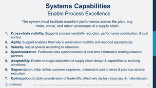 385
©2021 Cengage Learning. All Rights Reserved. May not be scanned, copied or duplicated, or posted to a publicly accessible website, in whole or in part.
Systems Capabilities
Enable Process Excellence
The system must facilitate excellent performance across the plan, buy,
make, move, and return processes of a supply chain.
1. Cross-chain visibility. Supports process variability reduction, performance optimization, & cost
control.
2. Agility. Support analytics that help to understand volatility and respond appropriately.
3. Velocity. Adjust speeds according to situations.
4. Synchronization. Facilitates data synchronization & real-time information sharing between
partners.
5. Adaptability. Enable strategic adaptation of supply chain design & capabilities to evolving
conditions.
6. Segmentation. Help define customer segments, understand cost to serve & prioritize service
execution.
7. Optimization. Enable consideration of trade-offs, effectively deploy resources, & make decision.
 
