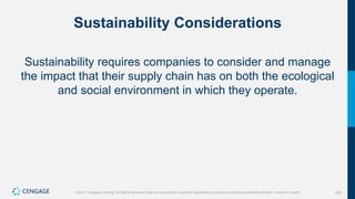 420
©2021 Cengage Learning. All Rights Reserved. May not be scanned, copied or duplicated, or posted to a publicly accessible website, in whole or in part.
Sustainability Considerations
Sustainability requires companies to consider and manage
the impact that their supply chain has on both the ecological
and social environment in which they operate.
 