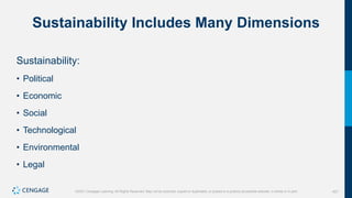 421
©2021 Cengage Learning. All Rights Reserved. May not be scanned, copied or duplicated, or posted to a publicly accessible website, in whole or in part.
Sustainability Includes Many Dimensions
Sustainability:
• Political
• Economic
• Social
• Technological
• Environmental
• Legal
 