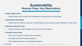 424
©2021 Cengage Learning. All Rights Reserved. May not be scanned, copied or duplicated, or posted to a publicly accessible website, in whole or in part.
Sustainability
Reverse Flows: Key Observations
• Global supply chains
− Global supply chains present both challenge and opportunity for reverse flows.
• Cash/value & technology
− Cash/value from returns, and power of technology has not received enough emphasis in return flows.
• Necessary evil/cost center
− Reverse direction needs continual scrutiny to control and reduce.
• Increased reverse flow
− Easy return as part of customer service policies.
− Increased consumer recycling programs.
− High obsolescence rate in technological products.
 