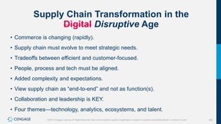 429
©2021 Cengage Learning. All Rights Reserved. May not be scanned, copied or duplicated, or posted to a publicly accessible website, in whole or in part.
Supply Chain Transformation in the
Digital Disruptive Age
• Commerce is changing (rapidly).
• Supply chain must evolve to meet strategic needs.
• Tradeoffs between efficient and customer-focused.
• People, process and tech must be aligned.
• Added complexity and expectations.
• View supply chain as “end-to-end” and not as function(s).
• Collaboration and leadership is KEY.
• Four themes—technology, analytics, ecosystems, and talent.
 