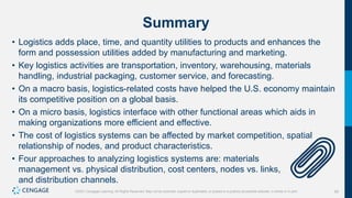 68
©2021 Cengage Learning. All Rights Reserved. May not be scanned, copied or duplicated, or posted to a publicly accessible website, in whole or in part.
Summary
• Logistics adds place, time, and quantity utilities to products and enhances the
form and possession utilities added by manufacturing and marketing.
• Key logistics activities are transportation, inventory, warehousing, materials
handling, industrial packaging, customer service, and forecasting.
• On a macro basis, logistics-related costs have helped the U.S. economy maintain
its competitive position on a global basis.
• On a micro basis, logistics interface with other functional areas which aids in
making organizations more efficient and effective.
• The cost of logistics systems can be affected by market competition, spatial
relationship of nodes, and product characteristics.
• Four approaches to analyzing logistics systems are: materials
management vs. physical distribution, cost centers, nodes vs. links,
and distribution channels.
 