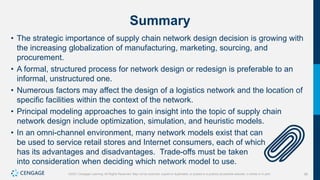 98
©2021 Cengage Learning. All Rights Reserved. May not be scanned, copied or duplicated, or posted to a publicly accessible website, in whole or in part.
Summary
• The strategic importance of supply chain network design decision is growing with
the increasing globalization of manufacturing, marketing, sourcing, and
procurement.
• A formal, structured process for network design or redesign is preferable to an
informal, unstructured one.
• Numerous factors may affect the design of a logistics network and the location of
specific facilities within the context of the network.
• Principal modeling approaches to gain insight into the topic of supply chain
network design include optimization, simulation, and heuristic models.
• In an omni-channel environment, many network models exist that can
be used to service retail stores and Internet consumers, each of which
has its advantages and disadvantages. Trade-offs must be taken
into consideration when deciding which network model to use.
 