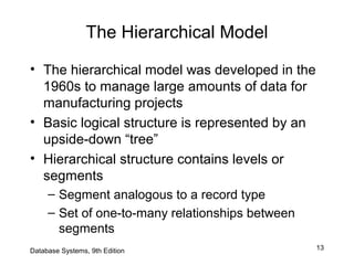 13
The Hierarchical Model
• The hierarchical model was developed in the
1960s to manage large amounts of data for
manufacturing projects
• Basic logical structure is represented by an
upside-down “tree”
• Hierarchical structure contains levels or
segments
– Segment analogous to a record type
– Set of one-to-many relationships between
segments
Database Systems, 9th Edition
 